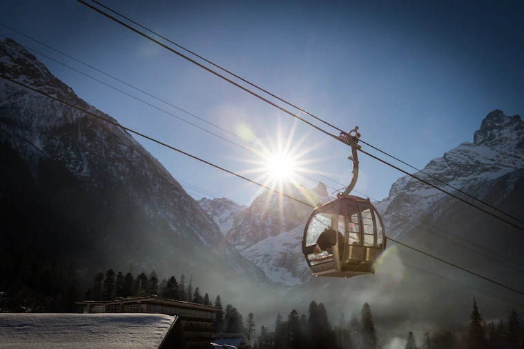 Cabin lift at nightfall in the Alps