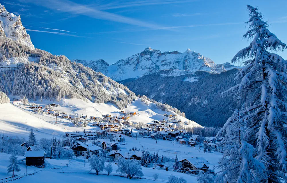 Snowy mountains and houses